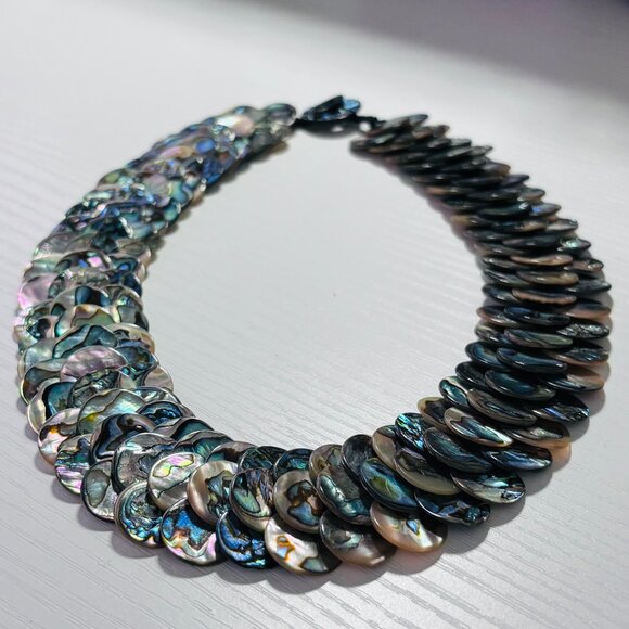Abalone Shell Disc Bib Necklace Iridescent Statement Collar - Picture 2 of 13